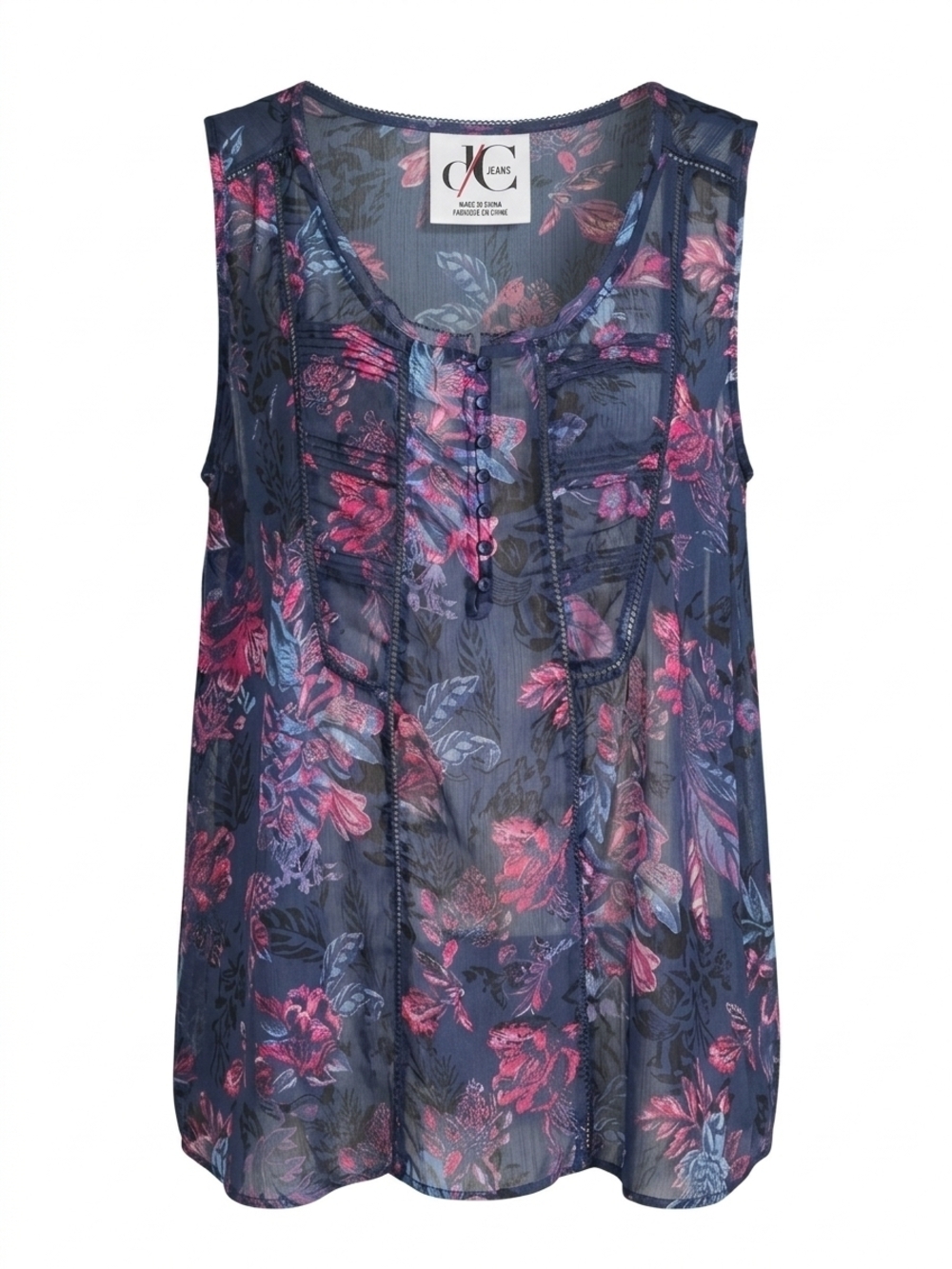Sleeveless Navy Floral Pintuck Blouse - Picture 2 of 4